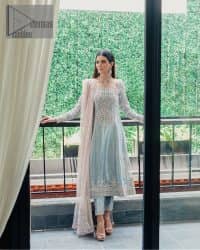 Light blue just follow the pattern of sky to make everyone selenophile. DeemasFashion presents this article in the light blue colour rendered with silver embroidery which includes cystal, tilla, dabka and mainly crystals to give you a dreamy fairy look. The square neckline of the frock added super beauty to the outfit when comes with full sleeves. Furthermore, it is paired up with straight pant whuch is adorned with silver border embroidery. End up this article with dupatta in the same colour having a four-sided embellished border and sequins sprayed all over to follow the pattern of sky.