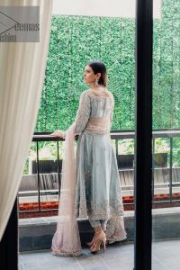 Light blue just follow the pattern of sky to make everyone selenophile. DeemasFashion presents this article in the light blue colour rendered with silver embroidery which includes cystal, tilla, dabka and mainly crystals to give you a dreamy fairy look. The square neckline of the frock added super beauty to the outfit when comes with full sleeves. Furthermore, it is paired up with straight pant whuch is adorned with silver border embroidery. End up this article with dupatta in the same colour having a four-sided embellished border and sequins sprayed all over to follow the pattern of sky.