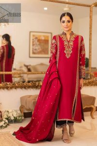 The forever favourite red dress channelling your inner diva. A luxury red long shirt rendered with intimate embroidery in golden colour to make your event blazing and remembering one. It is highlighted with tilla, dabka, kora and pearls that are a perfect blooming outfit in our collection. The collar neckline and full sleeves add attractiveness to the outfit. It comes with black pant to give you a more formal look at any precious event. The border of the pants is adorned with golden embroidery as well. End up this look with red dupatta which is embellished with a four-sided border and sequins spray all over for your constant love for red.