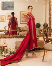 The forever favourite red dress channelling your inner diva. A luxury red long shirt rendered with intimate embroidery in golden colour to make your event blazing and remembering one. It is highlighted with tilla, dabka, kora and pearls that are a perfect blooming outfit in our collection. The collar neckline and full sleeves add attractiveness to the outfit. It comes with black pant to give you a more formal look at any precious event. The border of the pants is adorned with golden embroidery as well. End up this look with red dupatta which is embellished with a four-sided border and sequins spray all over for your constant love for red.