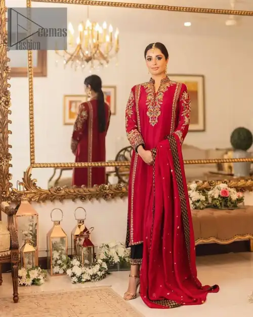 The forever favourite red dress channelling your inner diva. A luxury red long shirt rendered with intimate embroidery in golden