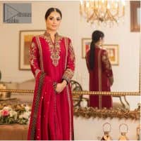The forever favourite red dress channelling your inner diva. A luxury red long shirt rendered with intimate embroidery in golden colour to make your event blazing and remembering one. It is highlighted with tilla, dabka, kora and pearls that are a perfect blooming outfit in our collection. The collar neckline and full sleeves add attractiveness to the outfit. It comes with black pant to give you a more formal look at any precious event. The border of the pants is adorned with golden embroidery as well. End up this look with red dupatta which is embellished with a four-sided border and sequins spray all over for your constant love for red.