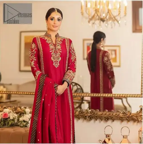 The forever favourite red dress channelling your inner diva. A luxury red long shirt rendered with intimate embroidery in golden