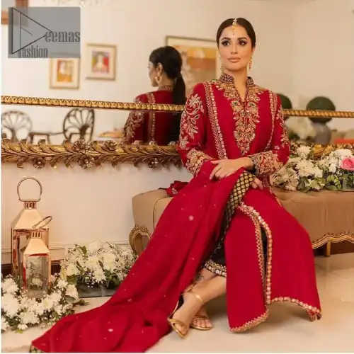 The forever favourite red dress channelling your inner diva. A luxury red long shirt rendered with intimate embroidery in golden