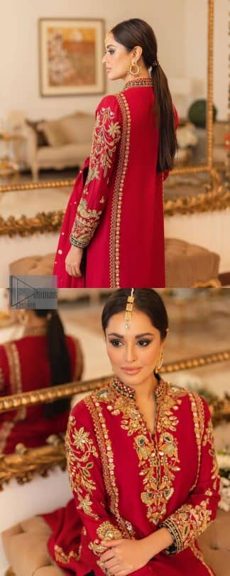 The forever favourite red dress channelling your inner diva. A luxury red long shirt rendered with intimate embroidery in golden colour to make your event blazing and remembering one. It is highlighted with tilla, dabka, kora and pearls that are a perfect blooming outfit in our collection. The collar neckline and full sleeves add attractiveness to the outfit. It comes with black pant to give you a more formal look at any precious event. The border of the pants is adorned with golden embroidery as well. End up this look with red dupatta which is embellished with a four-sided border and sequins spray all over for your constant love for red.