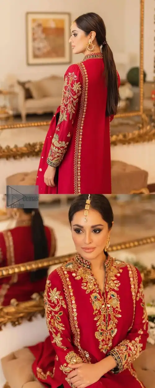 The forever favourite red dress channelling your inner diva. A luxury red long shirt rendered with intimate embroidery in golden