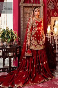 Bride love is in the air! DeemasFashion presents a red shirt rendered with golden embroidery and is enhanced with the magic of Resham, pearls, Sitara, tilla and dabka to complete the feeling of your Big Day. The shirt is emphasized with boat shape neckline and full sleeves to make your day super romantic. In addition to this, it is coordinated with red back train gharara which is intimately embellished with golden floral motifs as well. To finish this article, the last but not least piece comes that is the dupatta which is adorned with four sides heavy borders and sequins spray all over to explain the love of the bride.