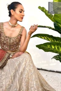 The perfect outfit for walima to enhance your glow. Starting this article with a dream rust blouse having a strap neckline and prominent sleeveless style to embrace the romantic culture. The following blouse is fully embellished with golden embroidery that is prominent with tilla, dabka, kora, pearls and sequins spray to fulfil your dreamy look. It is coordinated with an ivory can-can lehenga whose border is again rendered with golden embroidery and sequins sprayed all over to continue the look. Complete this outfit with a rust dupatta which is embellished with four-sided borders and sequins sprayed all over to enhance the glow of the bride.