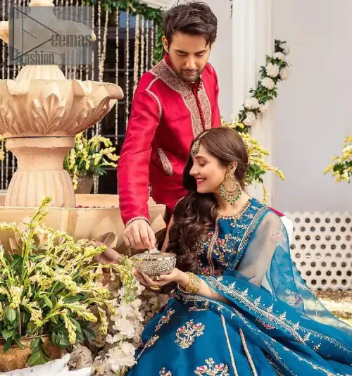 Blue defines your beauty and glows your face at any event. Starting this article with teal blue front open pishwas