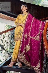 Yellow has the ability to take all the attention. Deemasfashion presents a yellow and pink outfit for your Mehandi. Starting this article with a yellow shirt that is handsomely decorated with golden embroidery and prominent with tilla, dabka, kora and zardozi to make your look super unique and perfect. Further, the following shirt is paired up with yellow straight trousers whose border is again rendered with golden embroidery. Complete this article with a magenta dupatta embellished with intimate border embroidery to gain all the attention of the event.