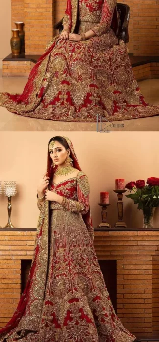 Most girls are excited just to wear maroon amazements. DeemasFashion initiates this Pakistani reception wear which includes a maroon blouse which is meticulously hand rendered with antique embroidery that enhances tilla, dabka, kora and zardozi. Further, the sweetheart neckline of the blouse splendidly comes with full sleeves. The Pakistani reception wear is organized with a flared lehenga which is heavily embellished. Conclude this Pakistani reception wear with a dupatta in the same colour which is adorned with four-sided borders to meet your amazements.