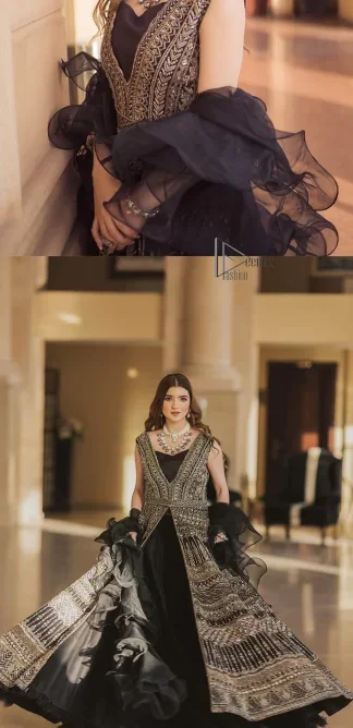 Wear black in-depth to lead colourful lives. DeemasFashion presents black party wear which includes a front open maxi having light golden embroidery which is beautifully decorated with tilla, dabka, kora and Kundan. Further, it is prominent with sleeveless style and sweetheart neckline to make you a memorable girl of the event. The part wear is organized with a frilled lehenga which is a unique core piece. Complete this party wear with a dupatta in the same colour to boost your day with black.