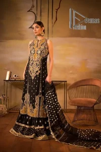Black is just a vibe in any kind of party. DeemasFashion presents a luscious black base that serves as a canvas for a gorgeous long shirt which is beautifully decorated with light golden embroidery. The fascinating embroidery vague the terms tilla, kora, dabka and zardozi to make your party a shining one. Further, the sleeveless style of the long shirt gives a romantic look to the party wear. It is coordinated with black sharara which is again ornamented with light golden embroidery . In parallel to the shirt and sharara, the dupatta in the same colour is also embellished with four-sided borders as well. 