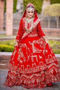 Take off that shyness and wear some deep red reception dress. DeemasFashion presents a very unique reception dress in deep red colour which is starting from a deep red blouse style up with a boat shape neckline and full sleeves to give you a romantic look. Further, it is prominent with golden embroidery which involves tilla, dabka, kora and crystal all over. It is systemized with a double-layer lehenga having lovely heavy embroidery to increase your handsome number. Complete this reception wear with a dupatta which is sprinkled with sequins all over it. It is further furnished with a four-sided scalloped border.