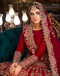 There is a shade of deep red for every bride. This Pakistani reception article begins with a deep red blouse which is simple but handsome and attractive. The blouse has boat shape neckline and full sleeves. The border of the sleeves is beautifully embellished with light golden embroidery. Furthermore, the Pakistani reception article also includes a fit and flare lehenga having heavy embroidery in light golden colour to make your day more romantic. Complete this Pakistani reception article with a deep red dupatta which is adorned with a four-sided border to give you a flavour shade of a Pakistani bride.
