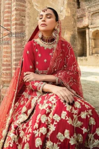 Begin your new life by wearing a romantic deep red outfit. Introducing this Pakistani reception wear that begins with a handsome blouse which is adorned with tiny floral motifs all over in light golden colour. The boat shape neckline steals the spotlight of the event when comes with three-quarter sleeves. It is combined with flared lehenga which is heavily adorned with a light golden embroidery to make your event lovely and charming. Complete this Pakistani reception wear with a dupatta in the same colour which border is heavily embellished that is ideal for modern festives.