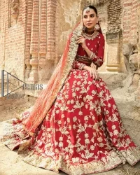 Begin your new life by wearing a romantic deep red outfit. Introducing this Pakistani reception wear that begins with a handsome blouse which is adorned with tiny floral motifs all over in light golden colour. The boat shape neckline steals the spotlight of the event when comes with three-quarter sleeves. It is combined with flared lehenga which is heavily adorned with a light golden embroidery to make your event lovely and charming. Complete this Pakistani reception wear with a dupatta in the same colour which border is heavily embellished that is ideal for modern festives.
