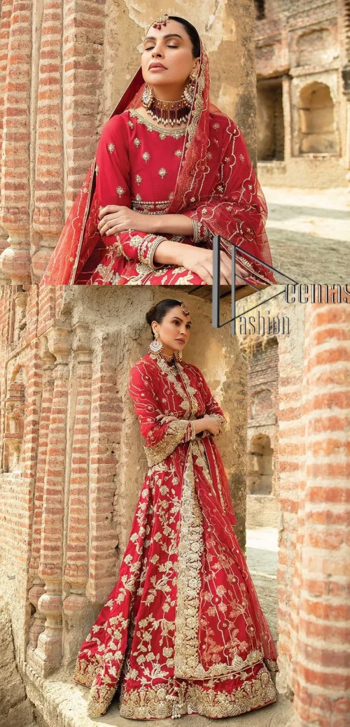 Begin your new life by wearing a romantic deep red outfit. Introducing this Pakistani reception wear that begins with a