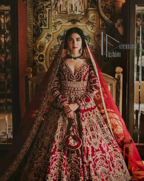 Deep red on Big day is just associated with love and romance. The deep red panelled frock is beautifully decorated