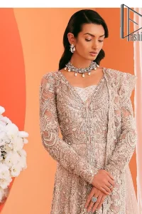 A magical evening, the moon reflects your face of you!  This romantic beige-pink front open maxi is laboriously decorated with silver embroidery to make your nikah dress super magical. The hand-rendered involves kora, dabka, tilla and crystal. Further, the V shape neckline and full sleeves of this nikah dress are as amazing as ever the bride wants on her day. It is coordinated with a back train lehenga which is specially designed with a scalloped style and also heavily ornamented with embroidery. Completed this Nikah dress with a scalloped dupatta in the same colour which is again embellished with four-sided borders and sequins sprayed all over to make your evening super magical.