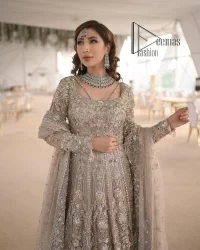 Start your new life by wearing DeemasFashion. Make your moment more memorable with light fawn heavy maxi nikah wear which is laboriously hand-rendered with silver and the same colour embroidery that enhances tilla, dabka, kora and crystal. The boat shape neckline and full sleeves of this maxi also add memorable beauty to your Qabool Hai moment. The maxi of this nikah wear is systemized with a dupatta in the same colour which is ornamented with four-sided borders and sequins sprayed all over to enhance the attractiveness of the nikah wear.