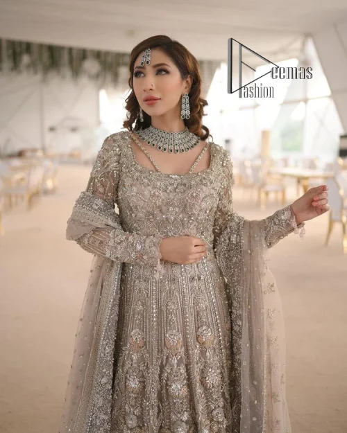 Start your new life by wearing DeemasFashion. Make your moment more memorable with light fawn heavy maxi nikah wear which