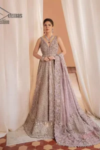 We know for most the girls a wedding dress represents more than just love. For our real special nikah dress , we present a lilac multiple panel maxi which is the embodiment of a dream and beautifully embellished with silver tilla, dabka and kora work. Furthermore, the sleeveless style of this multiple panel maxi is super amazing with V shape neckline just to introduce our love for the brides. This lilac maxi is organized with lilac lehenga just to give the contrast to your nikah day which is embellished with embroidery. Finish this special nikah dress look with a lilac dupatta which is heavily embellished with a four-sided border and sequins sprayed all over.