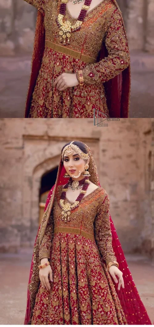 Happy is the bride the maroon shines on. Initiate this Pakistani reception outfit with a maroon heavy Anarkali which is