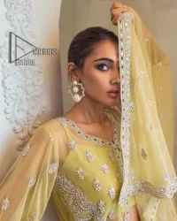 The love we share will make her mehndi day super duper amazing. This mehndi wears an olive front open shirt which is laboriously hand-rendered with a silver embroidery involving tilla, dabka, kora and Sitara. Further, the sweetheart shape neckline fulfils the dreamy look of the bride when comes with cape sleeves. The following shirt of mehndi wear is systemized with crushed sharara which is so simple and unique. Finishing this mehndi wear with a pleated dupatta that is maintaining a balance between outfits.