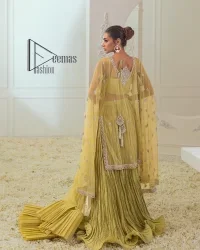 The love we share will make her mehndi day super duper amazing. This mehndi wears an olive front open shirt which is laboriously hand-rendered with a silver embroidery involving tilla, dabka, kora and Sitara. Further, the sweetheart shape neckline fulfils the dreamy look of the bride when comes with cape sleeves. The following shirt of mehndi wear is systemized with crushed sharara which is so simple and unique. Finishing this mehndi wear with a pleated dupatta that is maintaining a balance between outfits.