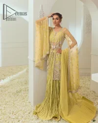 The love we share will make her mehndi day super duper amazing. This mehndi wears an olive front open shirt which is laboriously hand-rendered with a silver embroidery involving tilla, dabka, kora and Sitara. Further, the sweetheart shape neckline fulfils the dreamy look of the bride when comes with cape sleeves. The following shirt of mehndi wear is systemized with crushed sharara which is so simple and unique. Finishing this mehndi wear with a pleated dupatta that is maintaining a balance between outfits.