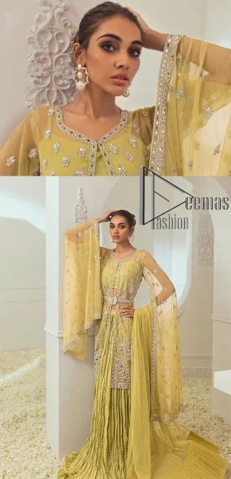 The love we share will make her mehndi day super duper amazing. This mehndi wears an olive front open shirt which is laboriously hand-rendered with a silver embroidery involving tilla, dabka, kora and Sitara. Further, the sweetheart shape neckline fulfils the dreamy look of the bride when comes with cape sleeves. The following shirt of mehndi wear is systemized with crushed sharara which is so simple and unique. Finishing this mehndi wear with a pleated dupatta that is maintaining a balance between outfits.