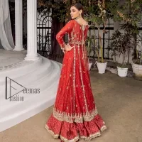 There is a shade of red in every mehndi wear. So, DeemasFashion presents this mehndi wear in the red shade which is handsomely ornamented with light golden embroidery and enhanced with tilla, dabka, kora and Zardozi. The square neckline adds more beauty to the outfit when comes with three-quarter sleeves. It is exquisitely combined with a red lehenga to make your mehndi more remarkable. Finish this mehndi wear with a dupatta in the rust colour which border is embellished with a four-sided Kiran and sequins spray all over to put amazing shade on your Mehndi.