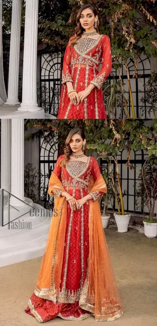 There is a shade of red in every mehndi wear. So, DeemasFashion presents this mehndi wear in the red shade which is handsomely ornamented with light golden embroidery and enhanced with tilla, dabka, kora and Zardozi. The square neckline adds more beauty to the outfit when comes with three-quarter sleeves. It is exquisitely combined with a red lehenga to make your mehndi more remarkable. Finish this mehndi wear with a dupatta in the rust colour which border is embellished with a four-sided Kiran and sequins spray all over to put amazing shade on your Mehndi.