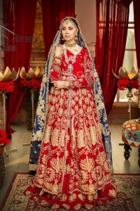 Red is the colour of love. Beating hearts and hungry lips. Red is always associated with Pakistani reception wear. Go ahead with a red front open maxi which is actively adorned with light golden embroidery and enhanced with tilla, kora, dabka and zardozi. Furthermore, the Pakistani reception wear is highlighted with V shape neckline and full sleeves to embrace the night of the event. The Pakistani reception wear is coordinated with a lehenga in the same colour which border is embellished with floral motifs. Complete this article with a dupatta in contrast to blue or red which is embellished with heavy embroidery as well to balance the artilcle.