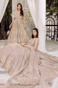 Begin your new life by wearing a dreamy nikah outfit of deemasFashion. Introduce this nikkah outfit with a light fawn frilled heavy maxi that is laboriously hand-rendered with silver and the same colour embroidery that enhances tilla, dabka, kora and crystal. The boat shape neckline and full sleeves of this maxi also add memorable beauty to your amazing Qabool Hai moment. The maxi of this nikah wear is systemized with a dupatta in the same colour which is ornamented with four-sided borders and sequins sprayed all over to enhance the attractiveness of the nikah outfit.