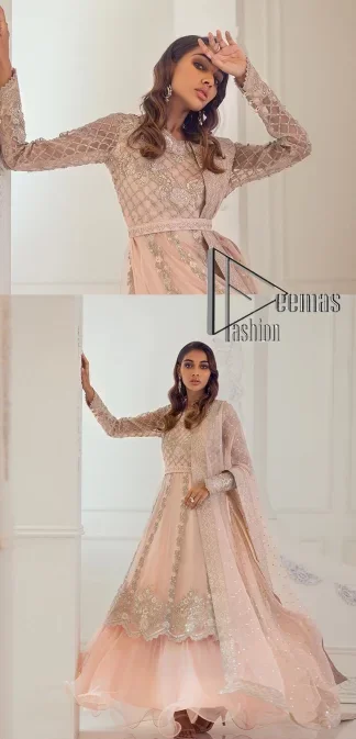Every girl has a favourite deal with rose pink So DeemasFashion initiate this nikah wear in rose pink colour to embrace the love of brides. Starting this nikah wear with a pishwas which is beautifully styled with a double layer. The first layer is handsomely embellished with silver embroidery that includes tilla, kora, dabka and crystal. The other layer is beautifully styled with frill. Complete this nikah wear with a dupatta in the same colour adorned with a four-sided embellished border and sequins sprayed all over to make your nikah more memorable.