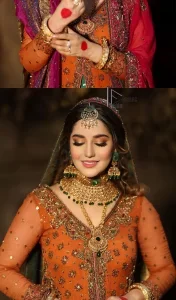 A colourful mehndi outfit is a power which directly influences the soul. Begin this mehndi outfit with a rusted front open shirt which is beautifully decorated with colourful embroidery to give you more power on your mehndi day. It is prominent with tilla, dabka, kora and zardozi. Further, the V shape neckline adds to this mehndi outfit when comes with full sleeves. Paired with a green lehenga having multiple colour borders to give you a more traditional look also. Complete this mehndi outfit with a colourful dupatta which is adorned with four-sided borders and sequins sprayed all over.