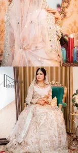 Confidence is wearing white on the big day. DeemasFashion presents the handsome and most attractive nikah outfit in white colour. Begin this nikah outfit with flared maxi which is beautifully decorated with light golden and silver embroidery involving kora, dabka, tilla and crystal to make your nikkah outfit super amazing. The round neckline of the nikah outfit laboriously comes with full sleeves. It is paired up with a dupatta in the same colour having a four-sided embellished border and sequin sprayed all over to increase your confidence with this nikah outfit.