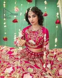 A wine that will make you rise and shine n your Big day. Begin this reception wear with wine red blouse which is beautifully adorned with golden embroidery and further enhance with tilla, dabka, kora and Sitara. The round shape neckline of the blouse meticulously comes with full sleeves. The reception wear also includes the flared lehenga in the same colour which is highlighted with multiple colour embroidery as well. In parallel to this, the dupatta in the same colour is heavily adorned with four-sided borders and floral motifs all over to make you rise and shine in this reception wear.