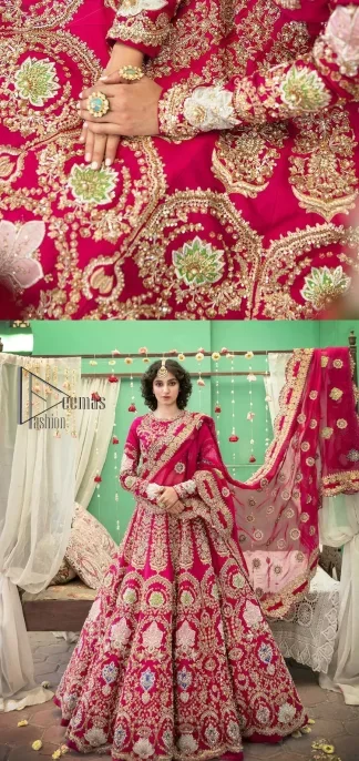 A wine that will make you rise and shine n your Big day. Begin this reception wear with wine red blouse which is beautifully adorned with golden embroidery and further enhance with tilla, dabka, kora and Sitara. The round shape neckline of the blouse meticulously comes with full sleeves. The reception wear also includes the flared lehenga in the same colour which is highlighted with multiple colour embroidery as well. In parallel to this, the dupatta in the same colour is heavily adorned with four-sided borders and floral motifs all over to make you rise and shine in this reception wear.