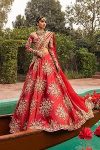 Nothing beats the luxury of bright red couture in reception. Our luxury bright red blouse is entirely hand-worked and finished with the fine material of golden embroidery which is self-explanatory of the uniqueness of the attire. It is further enhanced with tilla, dabka, kora and Sitara. The boat shape neckline also added engaging and attractive beauty to the outfit when comes to full sleeves. It is organized with flared lehenga to make your day super amazing and fulfil your dreamy romantic look. Complete this with a dupatta which is embellished with four-sided borders and sequins sprayed all over to beat the luxury of bright red.