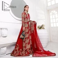 Walking into a new chapter of life with the joy of togetherness and the magic of love. A bright red long shirt is adorned with gorgeous motifs in gold. It is further encrusted with the real magic of tilla, dabka, and kora along with the sequins and pearls. The V shape neckline of this heavy long shirt adds more charm to the outfit when arrives with full sleeves. This beautiful reception piece is paired up with sharara in the same colour with attractive florals that are framed with pearls, Sitara and naqshi that draw the attention of the audience. Complete this article with a dupatta which is adorned with a heavy floral motif to balance the article.