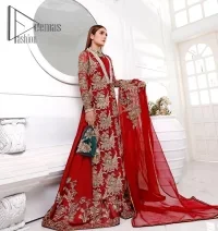 Walking into a new chapter of life with the joy of togetherness and the magic of love. A bright red long shirt is adorned with gorgeous motifs in gold. It is further encrusted with the real magic of tilla, dabka, and kora along with the sequins and pearls. The V shape neckline of this heavy long shirt adds more charm to the outfit when arrives with full sleeves. This beautiful reception piece is paired up with sharara in the same colour with attractive florals that are framed with pearls, Sitara and naqshi that draw the attention of the audience. Complete this article with a dupatta which is adorned with a heavy floral motif to balance the article.