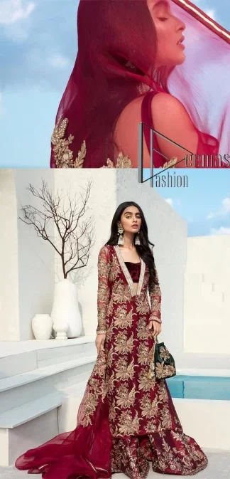 Walking into a new chapter of life with the joy of togetherness and the magic of love. A bright red long shirt is adorned with gorgeous motifs in gold. It is further encrusted with the real magic of tilla, dabka, and kora along with the sequins and pearls. The V shape neckline of this heavy long shirt adds more charm to the outfit when arrives with full sleeves. This beautiful reception piece is paired up with sharara in the same colour with attractive florals that are framed with pearls, Sitara and naqshi that draw the attention of the audience. Complete this article with a dupatta which is adorned with a heavy floral motif to balance the article.