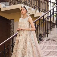 The subtle colour palette, delicate embroidery and eye-catching details. All in all a true style statement! Presenting this light brown maxi which is a luxuriously encrusted masterpiece is laden with tilla, dabka kora, stones,  and delicate Resham. The following front open scalloped maxi is adorned with silver embroidery to make your Nikah day remarkable. The embellished neckline along with the sleeveless style makes you a pretty and unique bride ever. Paired up this article with a sharara whose border is adorned with embroidery. Finish this outfit with a dupatta, framed with four-sided borders and sequins sprayed all over for attractiveness and marvellous details.