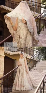 The subtle colour palette, delicate embroidery and eye-catching details. All in all a true style statement! Presenting this light brown maxi which is a luxuriously encrusted masterpiece is laden with tilla, dabka kora, stones,  and delicate Resham. The following front open scalloped maxi is adorned with silver embroidery to make your Nikah day remarkable. The embellished neckline along with the sleeveless style makes you a pretty and unique bride ever. Paired up this article with a sharara whose border is adorned with embroidery. Finish this outfit with a dupatta, framed with four-sided borders and sequins sprayed all over for attractiveness and marvellous details.