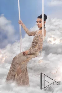 It was love at first swipe. A light fawn heavily hand-crafted maxi for an elegant daytime Nikah look. This light fawn maxi is handsomely embellished with tilla, dabka, kora, naqshi and zardozi which is further enhanced with silver embroidery. Further, the halter neckline along with full sleeves style is proven to guarantee that you stole the eyes and hearts of your loved ones. The floral pattern of the following maxi also increases the main focus of the maxi to make your day remarkable.