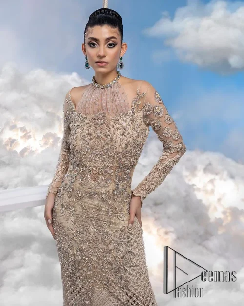 It was love at first swipe. A light fawn heavily hand-crafted maxi for an elegant daytime Nikah look. This light