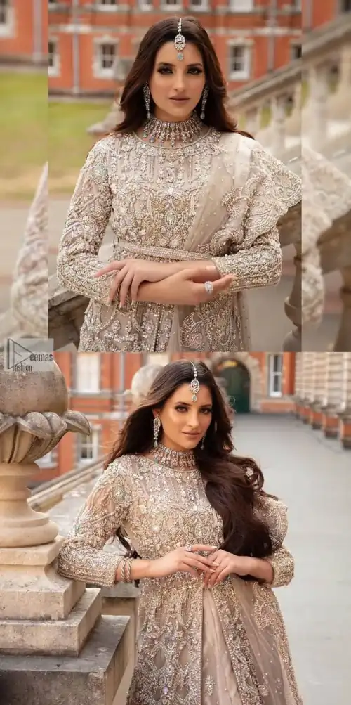 Filling the air with utmost happiness, joy ad fun for your Walima day. A handsome and attractive light fawn maxi